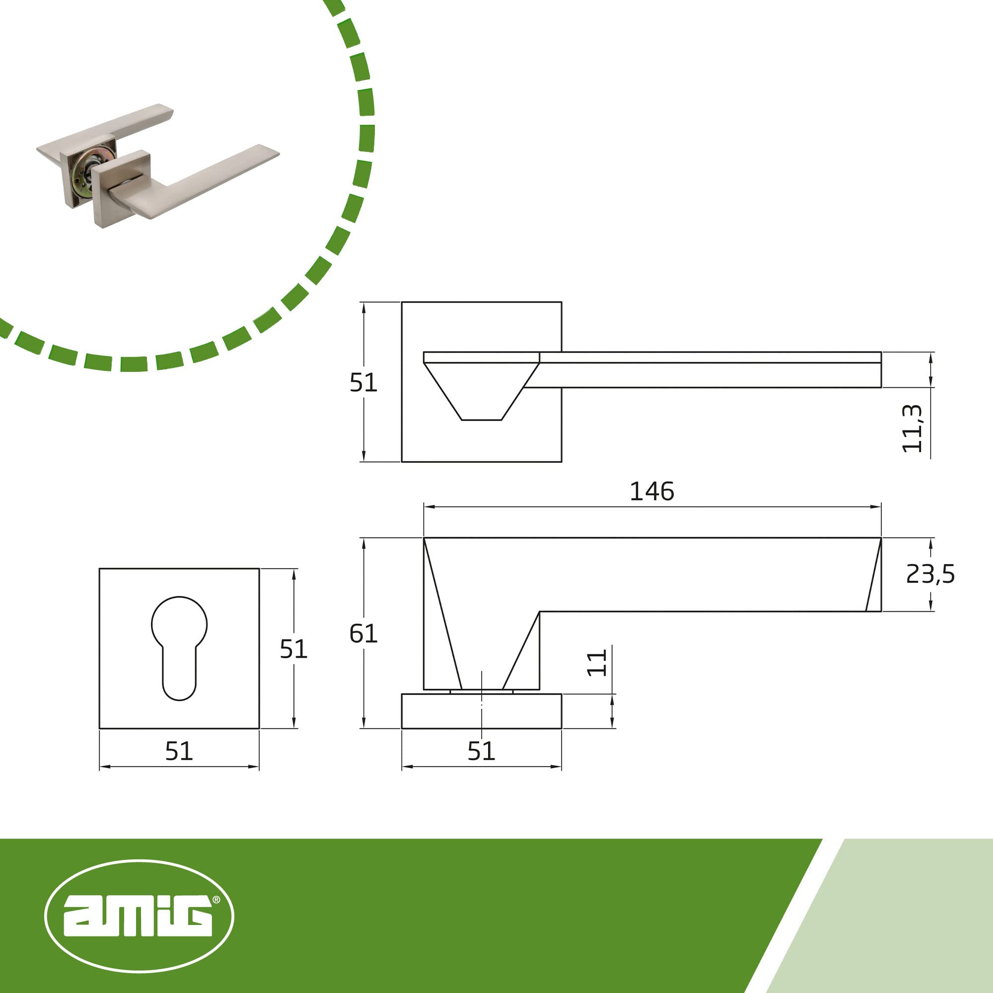 Amig - Juego de Manillas para Puertas - Mod. ZAHORA - 52 x 146 mm - Con Bocallave - Diseño Elegante y Sencillo - Manija de Agarre Ergonómico - Aluminio Satinado