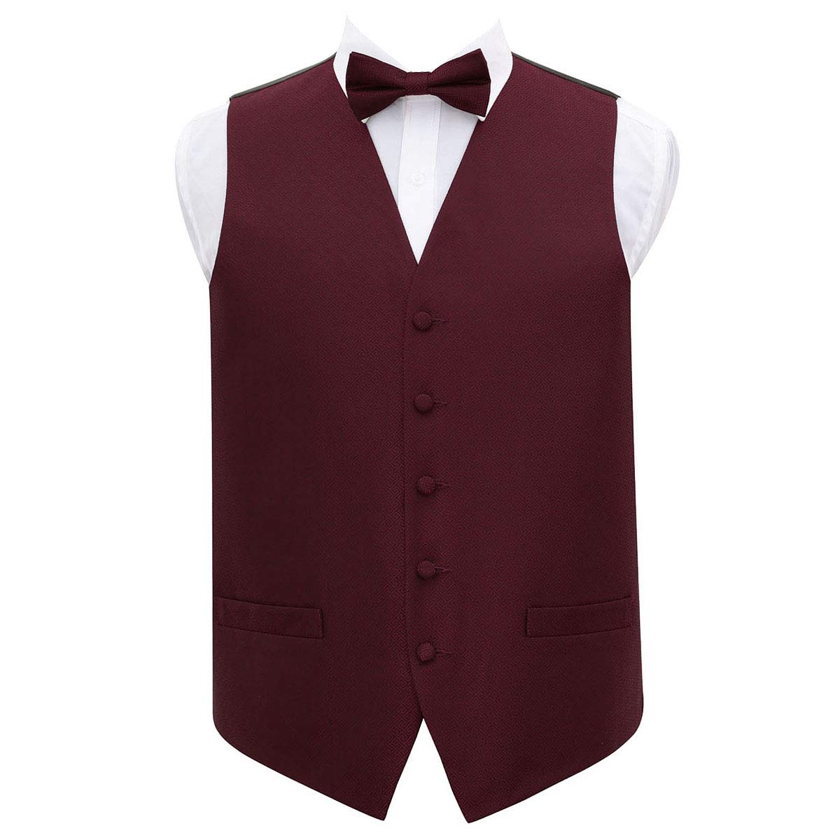 DQT Mens Greek Key Jacquard Waistcoat & Pre-Tied Bow Tie Set (2pc) - Wedding, Business & Formal - Burgundy 38" (M)