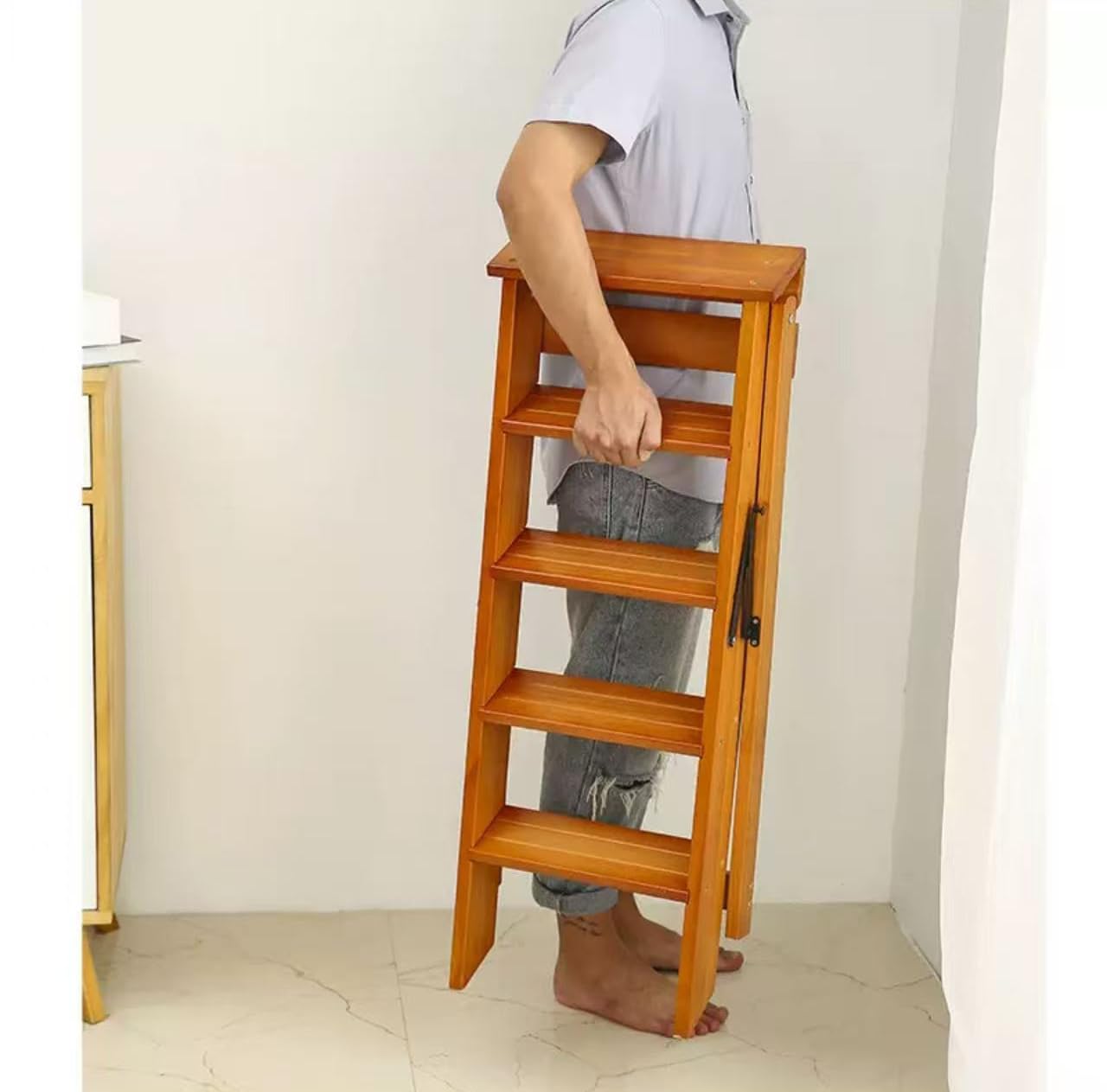 Escalera plegable de madera de 5 peldaños móvil – Taburete multifunción