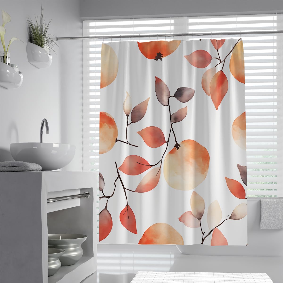 UIRINGART Autumn Fruit Foliage Shower Curtain W200xL200cm Terracotta Orange Pumpkin Apple Branch Watercolor Pattern Anti Mould Bathroom Curtain With Hook For Home Hotel