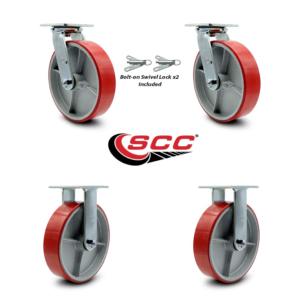 Polyurethane on Cast Iron Swivel Top Plate Casters Set of 4 Heavy Duty with 8 Inch Red Wheels-Includes 2 Swivel with Bolt on Swivel Locks and 2 Rigid-5,000 lbs. Total Capacity - Service Caster Brand