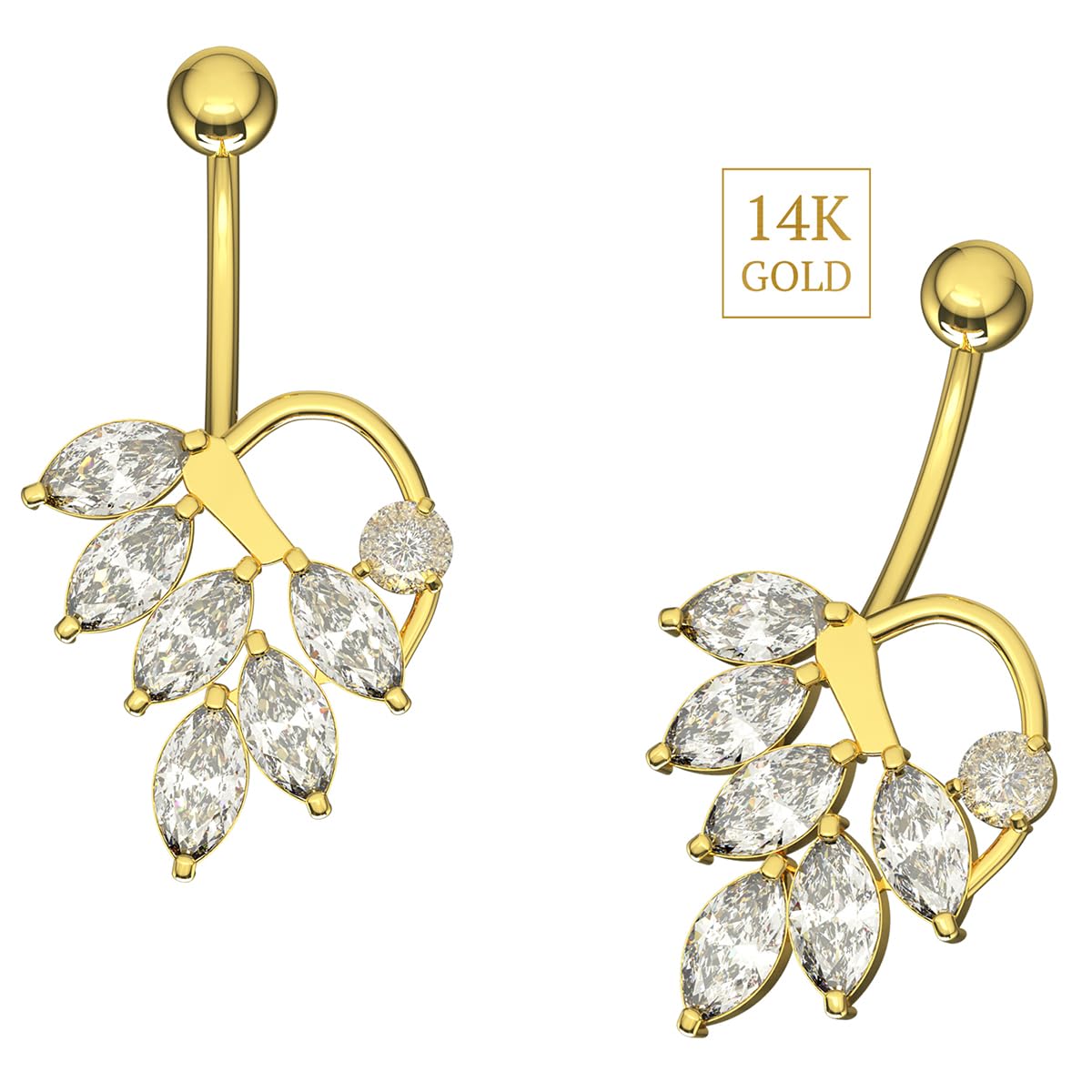 Piercing para ombligo de oro amarillo macizo de 14 quilates con circonita cúbica y diseño de hoja de piedra - Joyería de ombligo de 14 quilates - Piercing para el ombligo de calibre 14,