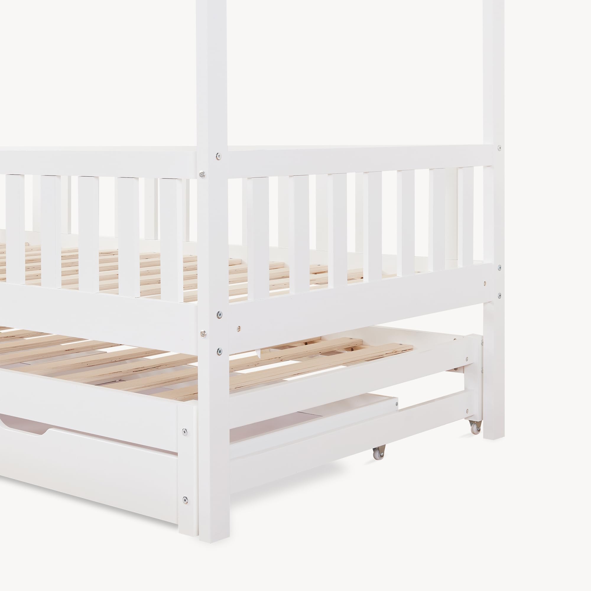 [en.casa] Letto per Cameretta a Forma di Casetta con Letto Estraibile Struttura in Legno di Pino a 2 Piazze con Barriera Anticaduta e 2 Cassetti 90x200 cm - Bianco