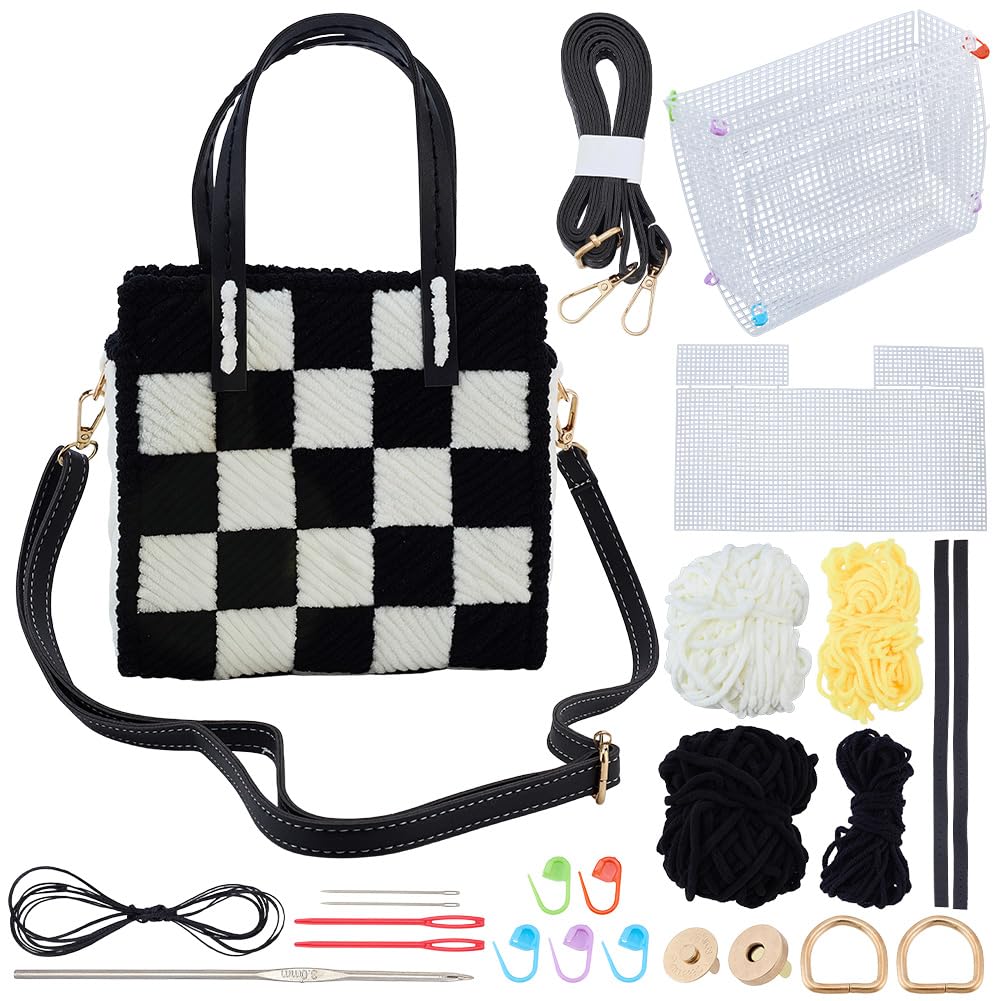 FREEBLOSS DIY Plastic Mesh Bag Kit Plastic Canvas Sheets Crossbody Bag DIY Cross Stitch Handbag Accessories Mesh Canvas Handbag Kit with Instructions for Beginners, Black & White