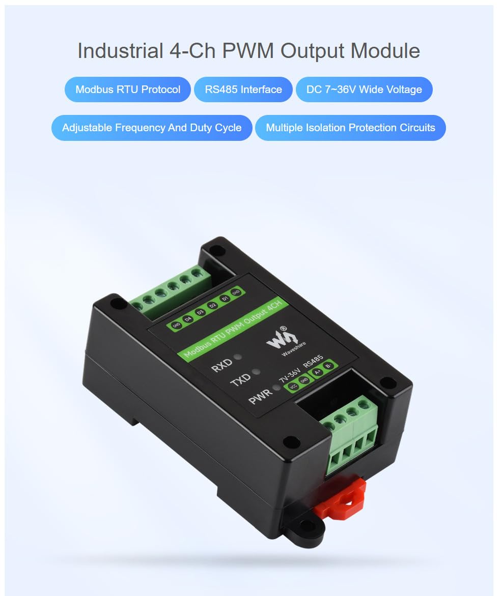 Modbus RTU PWM Output Module 4CH, Isolated RS485 to 4-Channel PWM Controller, Adjustable Frequency & Duty Cycle, 7-36V Power Input, DIN Rail Mount Case, Surge/TVS Protection, LEDs