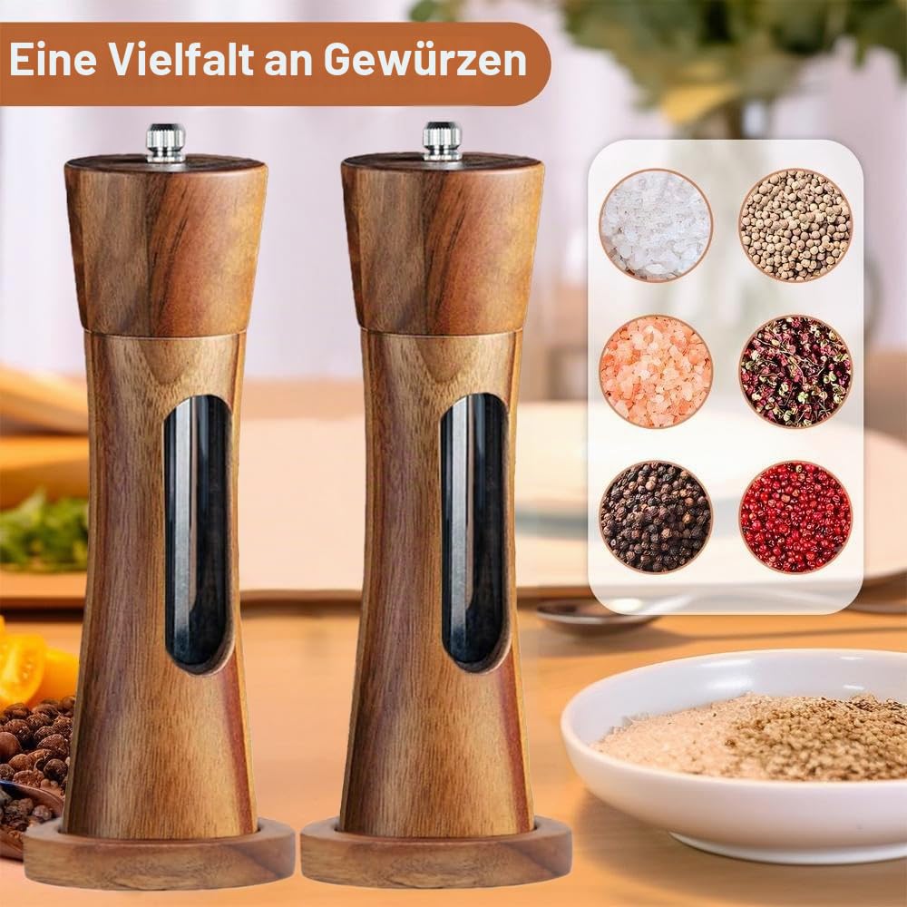 Pfeffermühle Holz Salz und Pfeffer mühle 2er Set mit Untersetzer Manuell Gewürzmühle verstellbarem Keramikmahlwerk Salzmühle für Pfeffer Salz Gewürze Höhe 20 cm