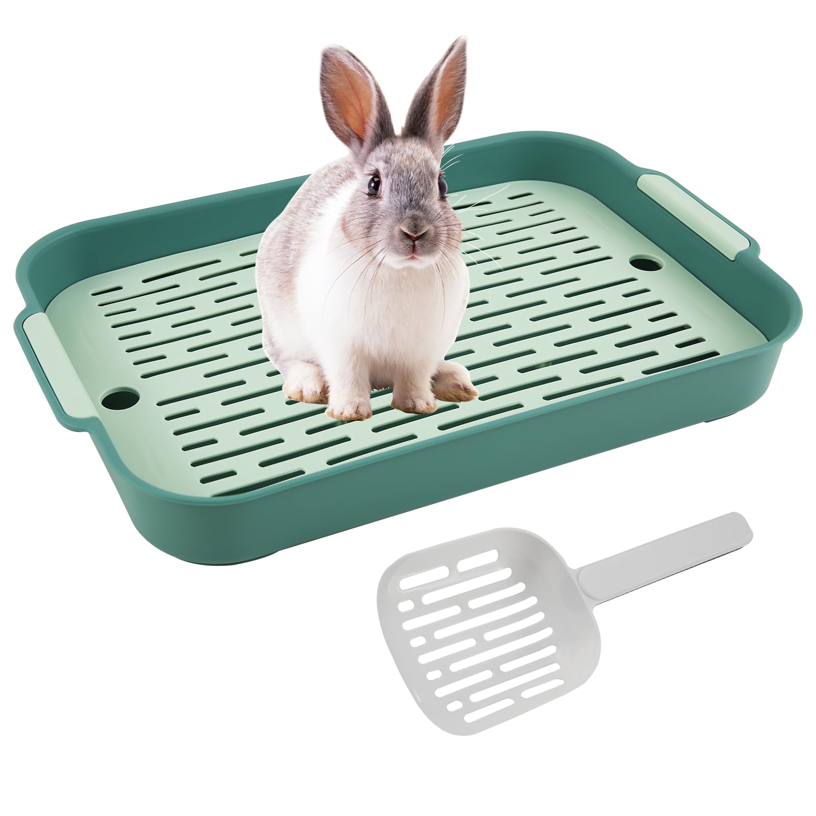 cupeohome Rabbit Litter Tray Large, Rabbit Toilet with Sand Scoop, Rectangular Litter Box with Grid, 2 Tier Flat Toilet Tray, Small Pet Litter Box Potty for Bunny, Guinea Pig, Cat (Green)