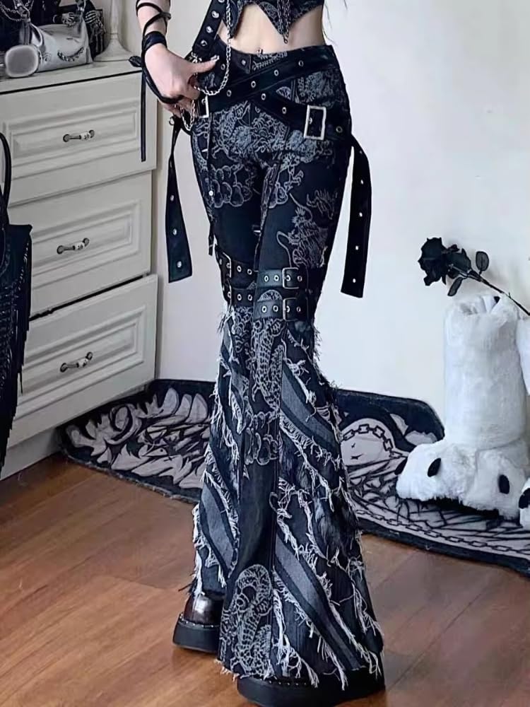 Y2K Grunge Flare Leg Jeans - Punk Aesthetic Denim Pants with Tassel & Horn Accents, Includes Belt: Black Small