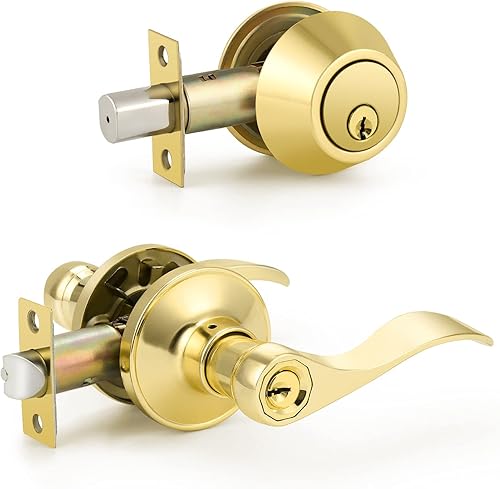 Paquete combinado de 6, palancas de puerta de entrada frontal de latón pulido con cerrojo de un solo cilindro con llave igual, cerraduras de puerta