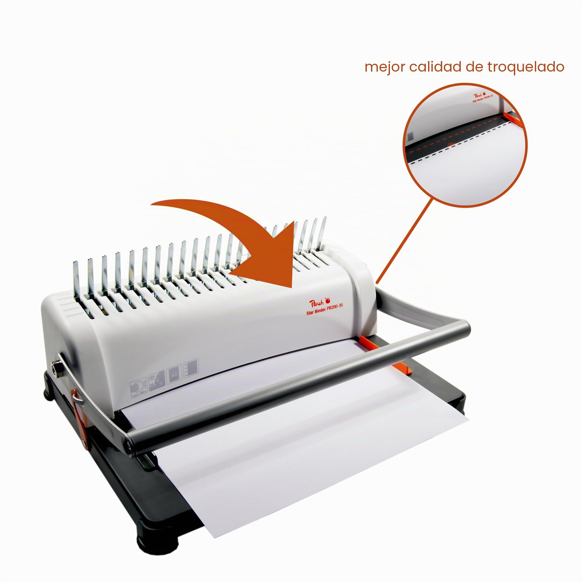 Peach Encuadernadora para plástico PB200-30 | Star Binder Pro - formato A4 | ganador de precio-rendimiento | encuaderna 350 hojas | canutillo máx. 38 mm. Capacidad de perforación 12 hojas. Incluye set inicial de 15 piezas