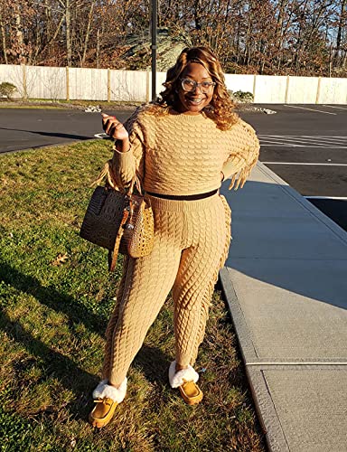 Image of KANSOON 2 Piece Sweater Set for Women Cable Knit Fringe Crop Top and Pants | Cozy feel, ribbed high waist, comfortable stretch fit for birthday and chilly going-out outfits