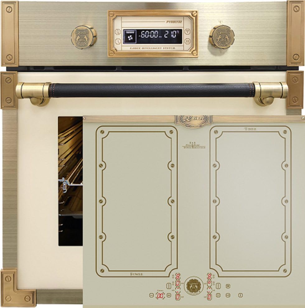 Kaiser Juego de horno de cocina Autark Retro pirólisis empotrable, 73 L, cristal de color marfil, 60 cm, con placa de inducción de 60 cm, zona libre con 2 zonas flexibles de inducción EH 6427 ElfAD+