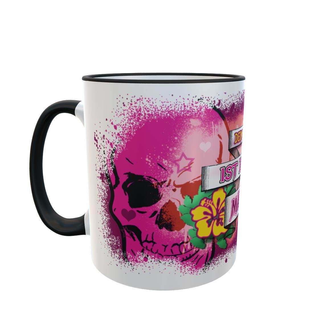 individuell personalisierbare Tasse mit schrillem Totenkopf Spruch Motiv für Frauen und Mädchen, provokante auffällige Spruchtasse, 330ml Fassungsvermögen, von Hand bedruckt