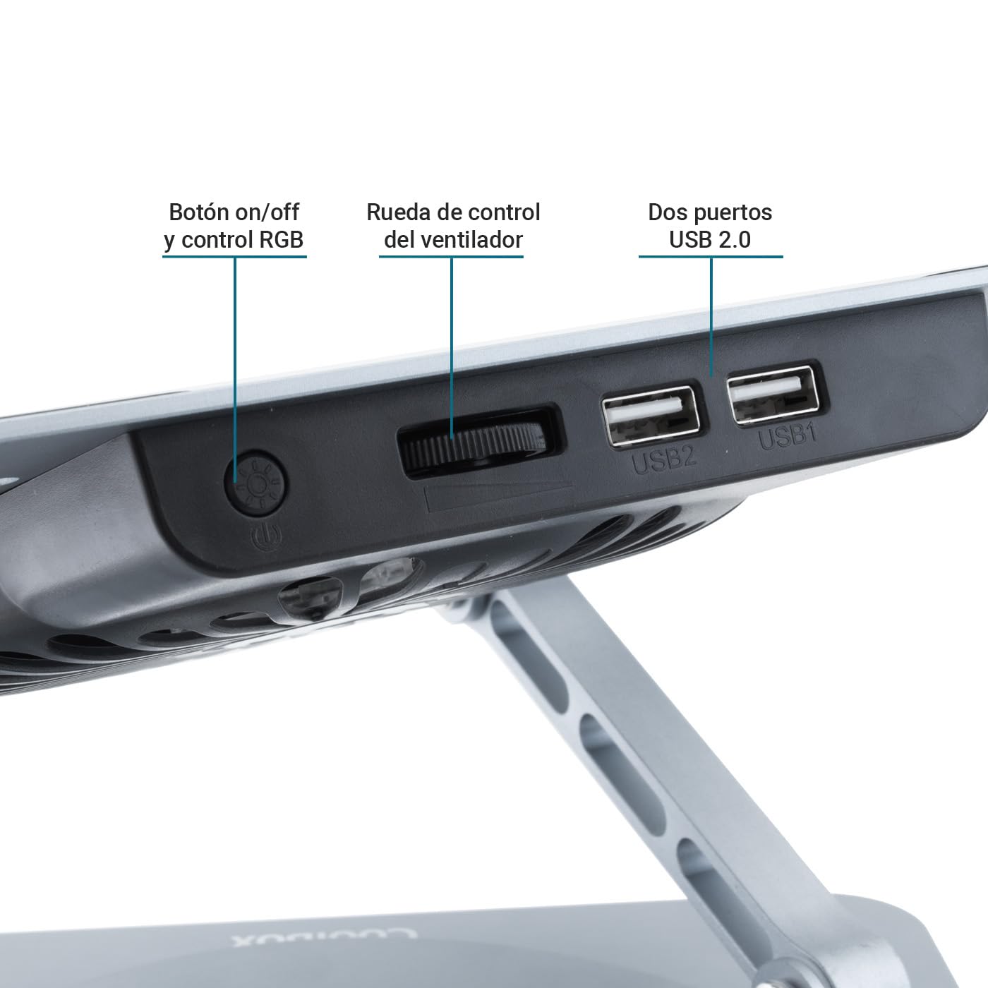 CoolBox CoolAir - Soporte Portatil con Ventilador Silencioso RGB de 11cm, Base Ajustable en Altura y Giro 360º, Refrigerador Portátil con Velocidad Ajustable, Tablets/Portátiles hasta 17.3". Aluminio