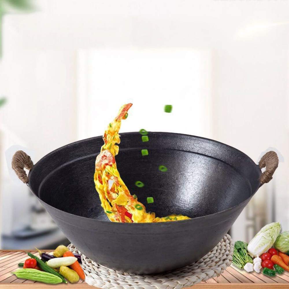 Cast Iron Wok Pan Household Double-Ear Large Iron Pot Old-Fashioned Round Bottom Gas 40cm Multipurpose Pot,40CM