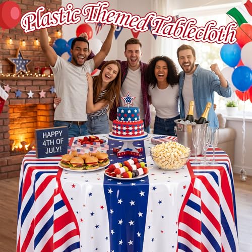 Image of Hahafelt 6 Pcs 4th of July Plastic Tablecloth 84 Inch Red White Blue Patriotic 250th Anniversary Round Disposable Table Cover American Flag Star Circular Tablecloth for Independence Day Decoration