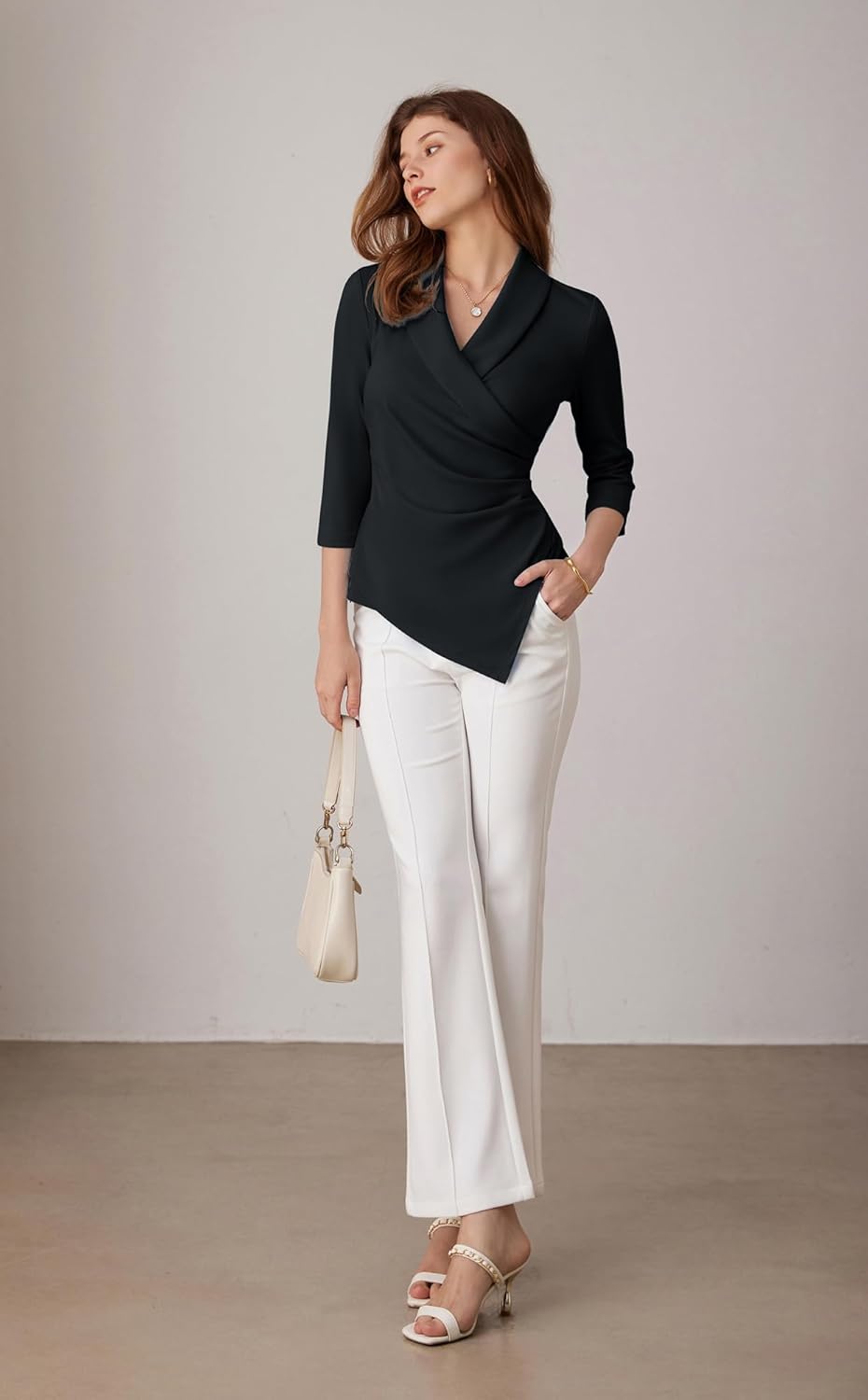 GRACE KARIN Women Dressy Wrap Work Tops,V Neck Business Casual Blouses, 3/4 Sleeve Ruched Elegant Shirts - Image 7