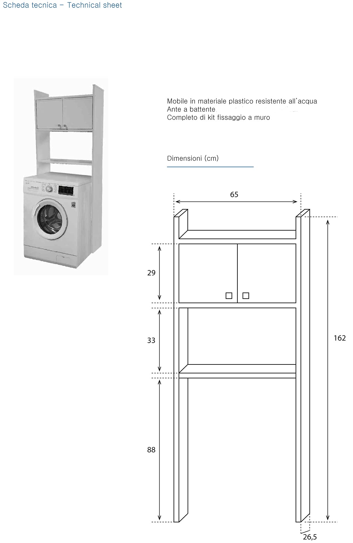 Negrari Mobile sopralavatrice salvaspazio 65x26,4x164 cm, in resina PVC (non teme l'umidità) 2 ante, Bianco