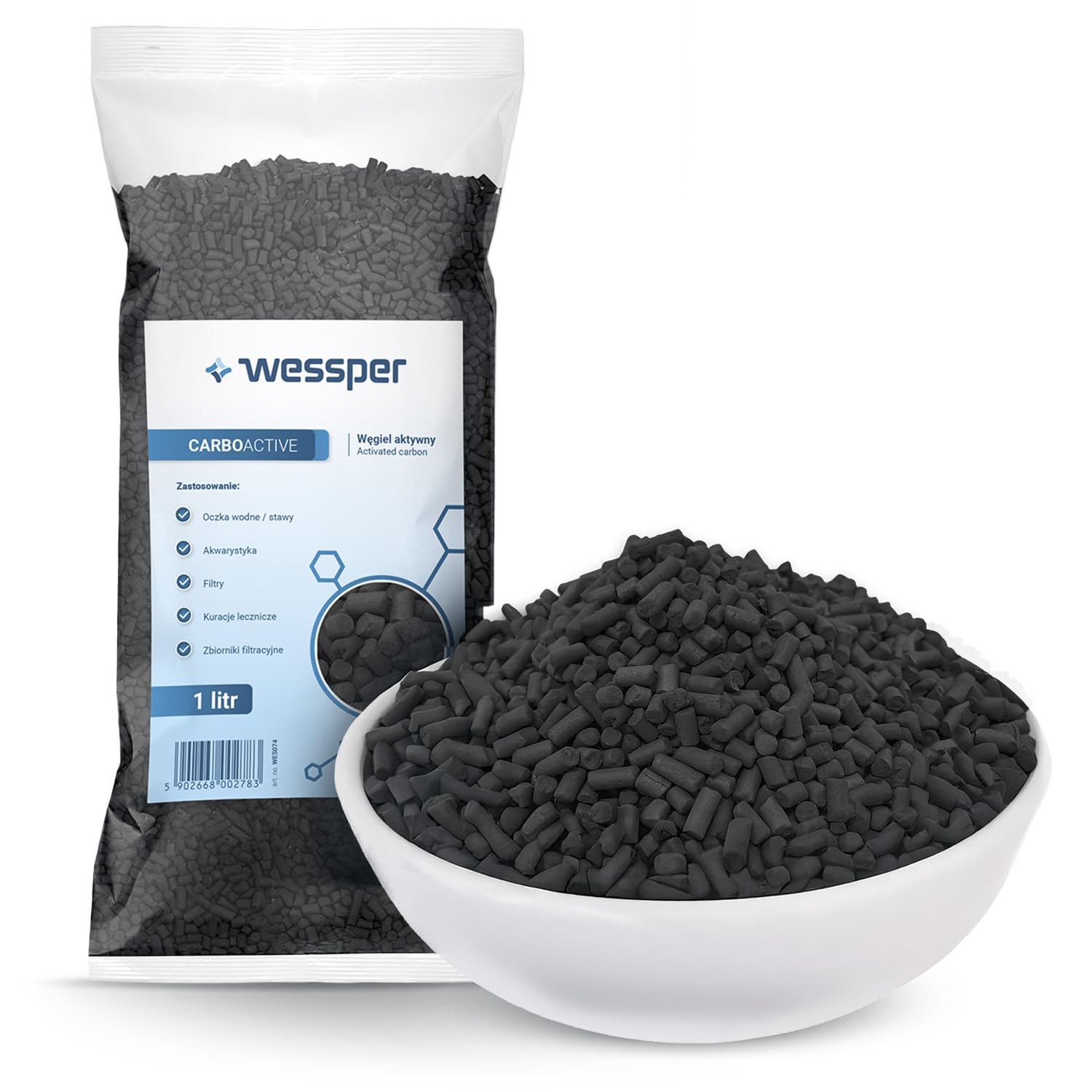 Wessper 1 Liter Aktivkohle Pellets 3 mm mit Hoher Adsorptionsfähigkeit | Kohle für die Filterung in Aquarien oder Teichfiltern | Hochreines Granulat für Luftreinigung, zur Wasseraufbereitung