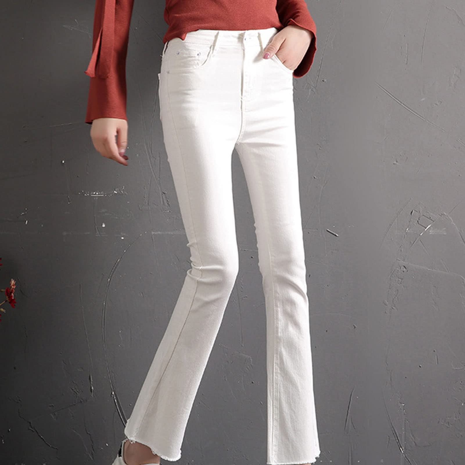 Maiyifu-GJ Women's High Waist Ankle Flare Denim Jeans Skinny Bell Bottom Pencil Denim Pants Destroyed Raw Hem Jean Trousers (White,31)