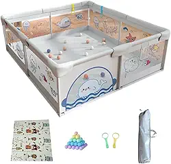 Cercadinho Infantil 2,00x1,80m com Tapete + Bolinhas + 2 Acessórios Interativos + Bolsa | Tema Fundo do Mar – Cinza