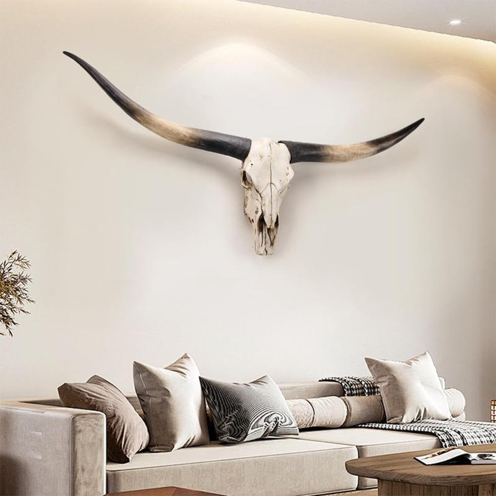 70 Pollici-Decorazione da Parete con Corna Lunghe, Decorazione della Parete Longhorn Skull 70 Pollici, Corna Lunghe Bisonte Sculture Testa in Finta Tassidermia,Placca Muro Artigianato Black