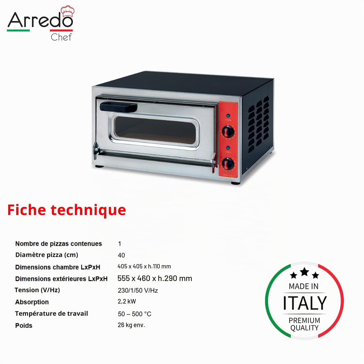 Four à Pizza Électrique Professionnel - 1 Pizza Ø40 cm - 500°C - Pierre Réfractaire - Thermostat Réglable - Cuisson Rapide & Uniforme - Idéal Pizzeria, Restaurant, Snack. Fabriqué en ITALIE.