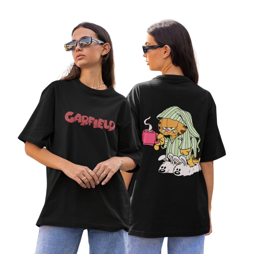 Broke MemersOversized Lazy Garfield Disney Collection Cotton Graphic Print Drop Shoulder T-Shirt for Women and Men