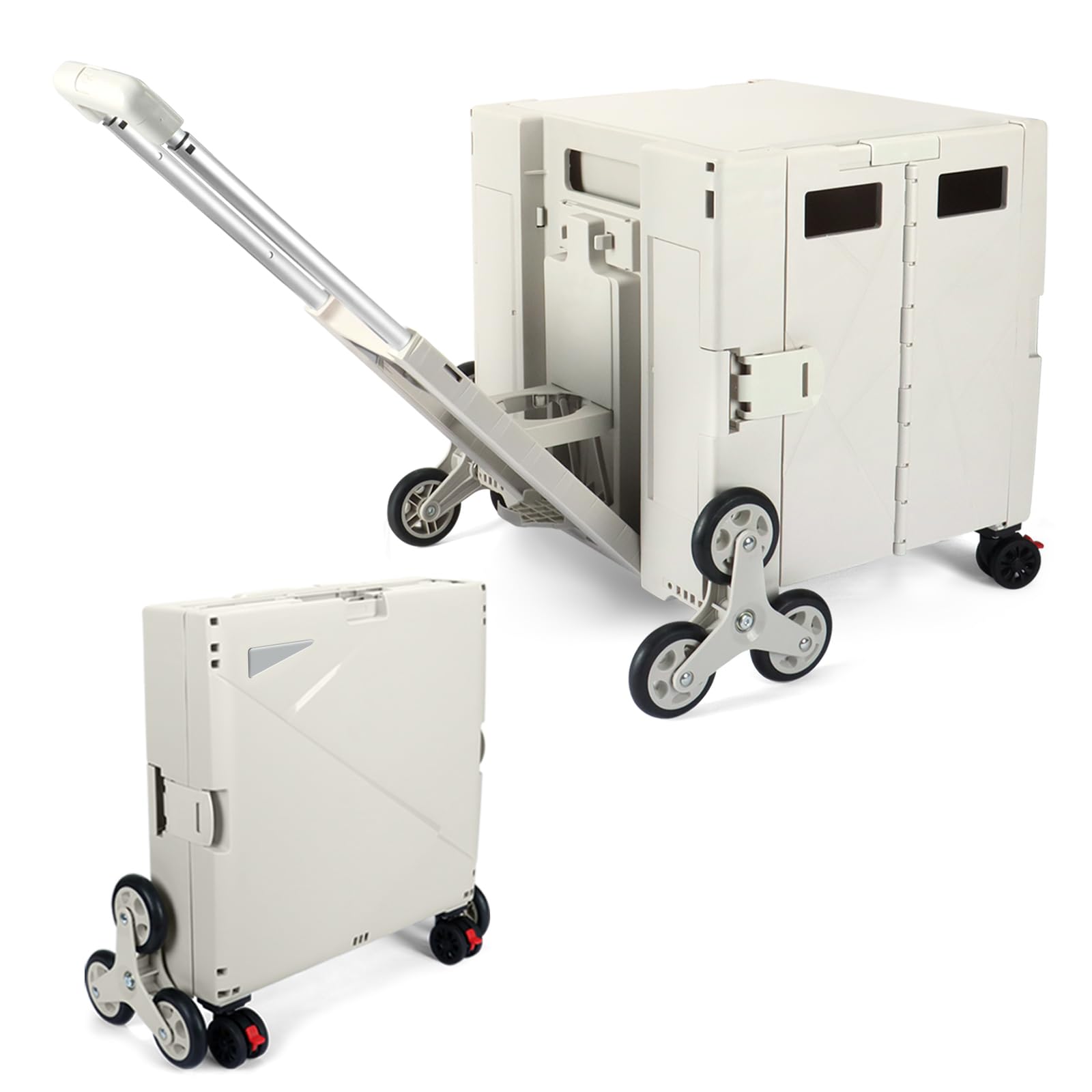 LexonElec x SELORSS Folding Shopping Trolley with Stair Climbing Wheels Adjustable Telescopic Aluminium Handle and Lid Collapsible Utility Box Portable Cart Strong Heavey Duty 90KG/76L-Beige