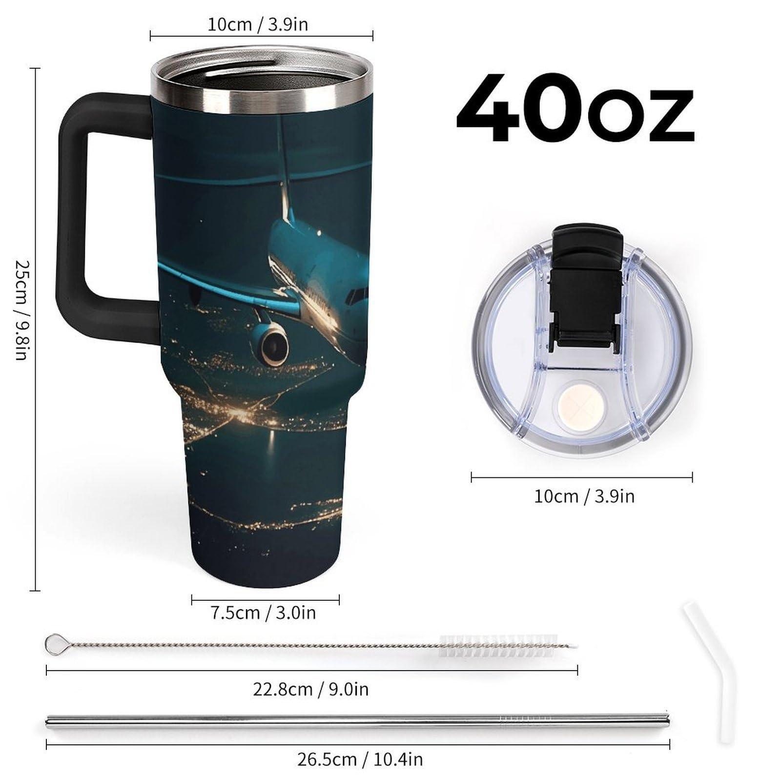 Autobecher aus 304 Edelstahl, 1,2 l, Flugzeug fliegt bei Nacht, Becher mit Strohhalm und auslaufsicherem Deckel – großes Fassungsvermögen, vakuumisolierter Reisebecher für Auto-Becherhalter