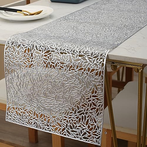 Hosoncovy Hollow Table Runner Non-slip Decorative PVC Table Mats Placemat Heat Resistant Mats for Home Party Kitchen Dining Wedding Decor (150CM X 30CM) (Silver)
