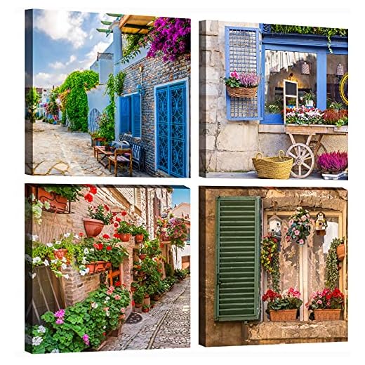 OKEXCKK Tuscan Wall Art Decor, Italy Window View Paintings Nature Landscape Pictures Mediterranean Street Canvas Prints for Bedroom, Living Room, Office Wall Decoration