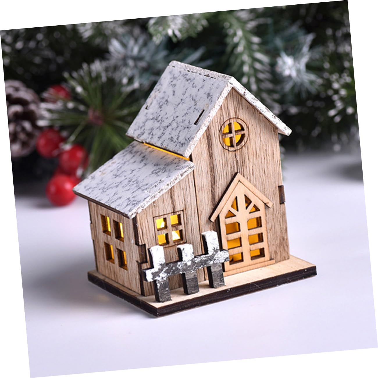 3piezas Adorno Navideño de Escritorio Casa de Madera Luminosa Decoración Navideña Hogar Casa de Madera Escena Navideña para Decorar Interiores