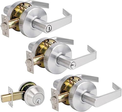 Master Lock Paquete de palanca comercial y cerrojo de alta resistencia de grado 2 en cromo cepillado, entrada con llave con tope de tope, paso,