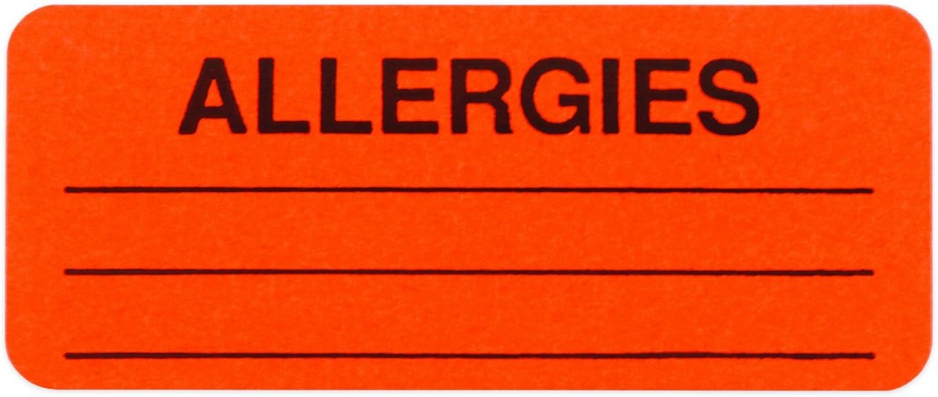 ChromaLabel 1 x 2.25 Inch Allergy Labels, 250 Labels per Dispenser Box, Fluorescent Red-Orange, Imprinted: Allergies (Pack of 2)