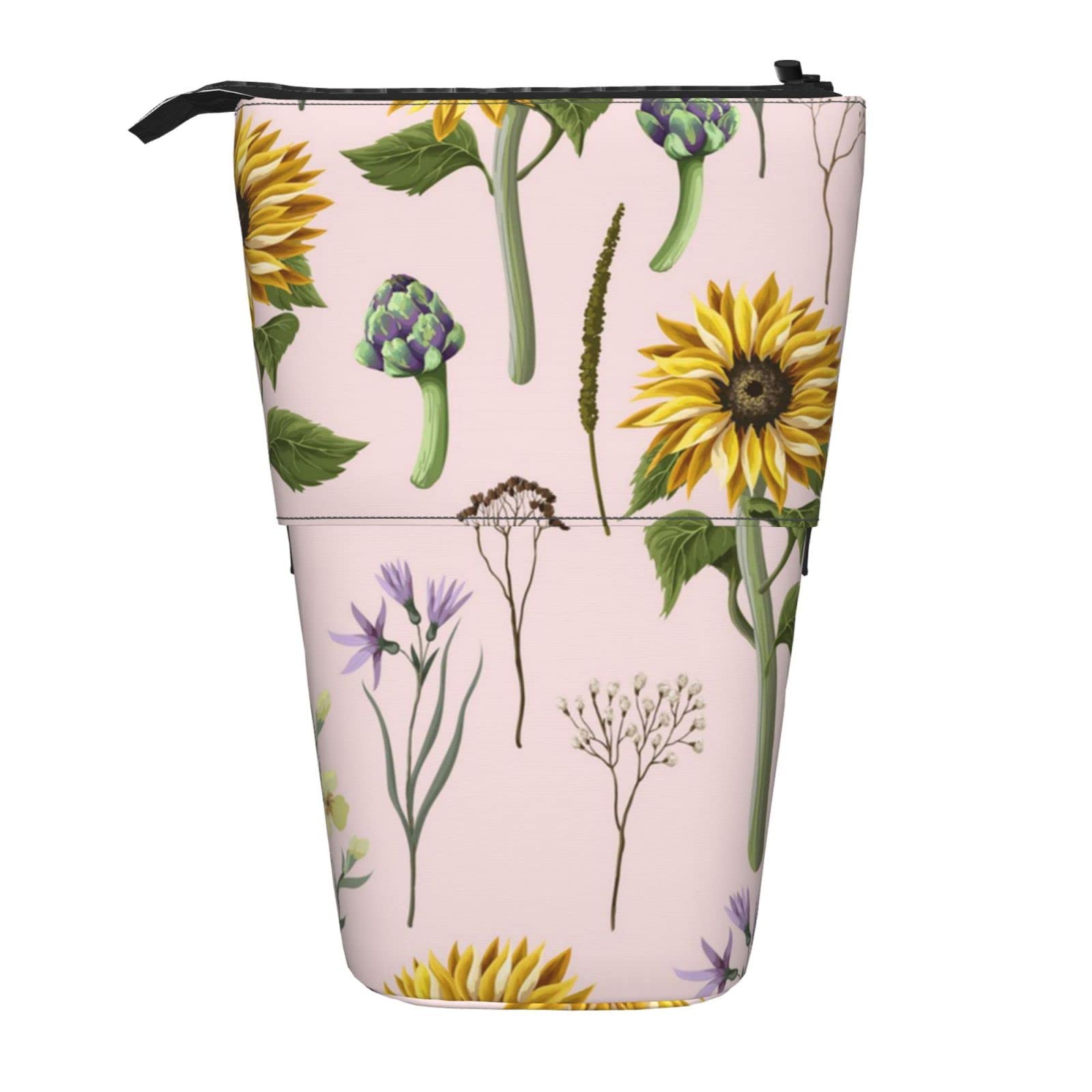 losolese Sunflowers Artichokes Telescopic Pencil Case, Stand Pencil Holder with Zipper Makeup Bag Pencil Pouch Pen Bag