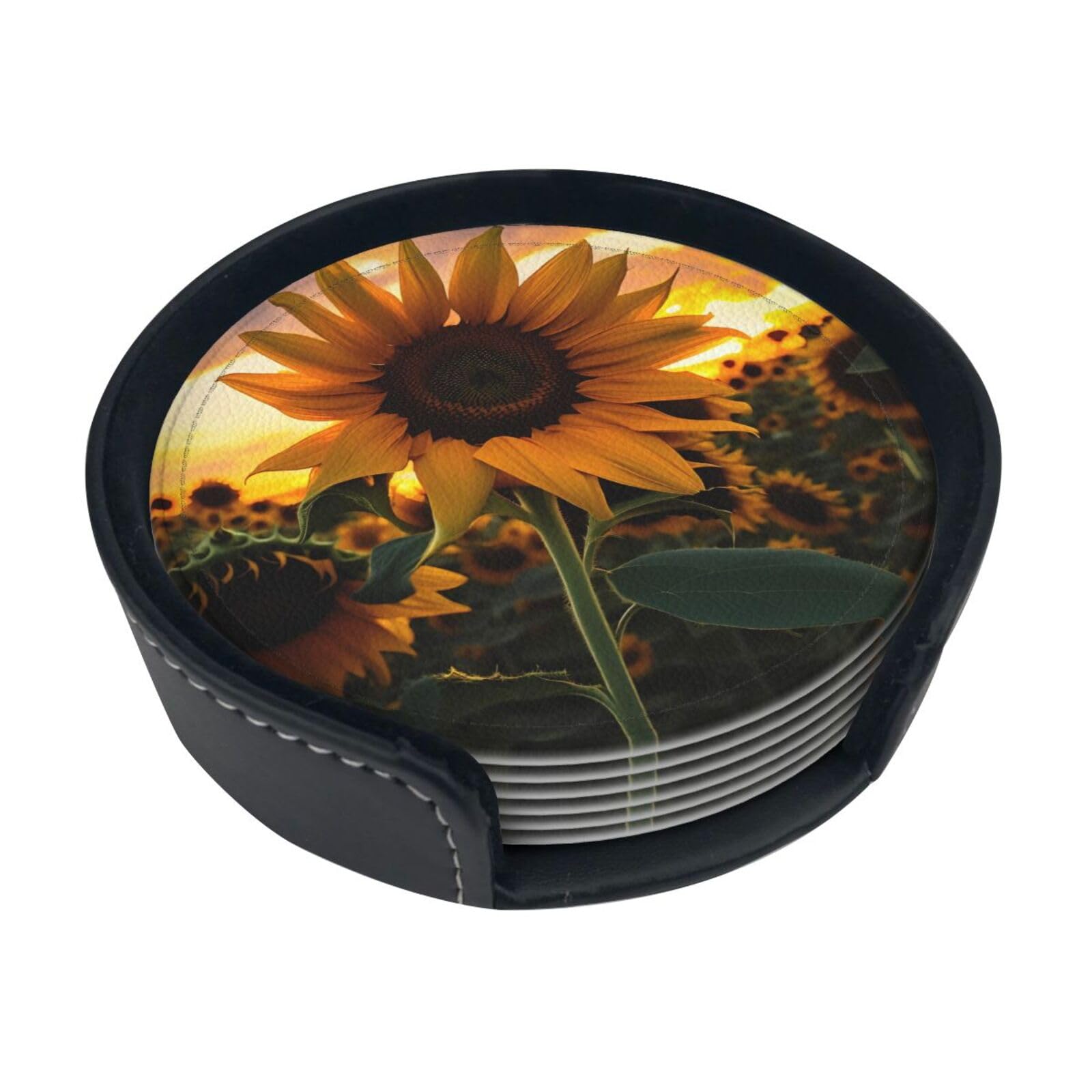 Cntdbu White Farm Sunflower Leather Coasters Set Of 6-Pu Leather Drink Mats For Table, Heat Resistant Round Coasters With Holder