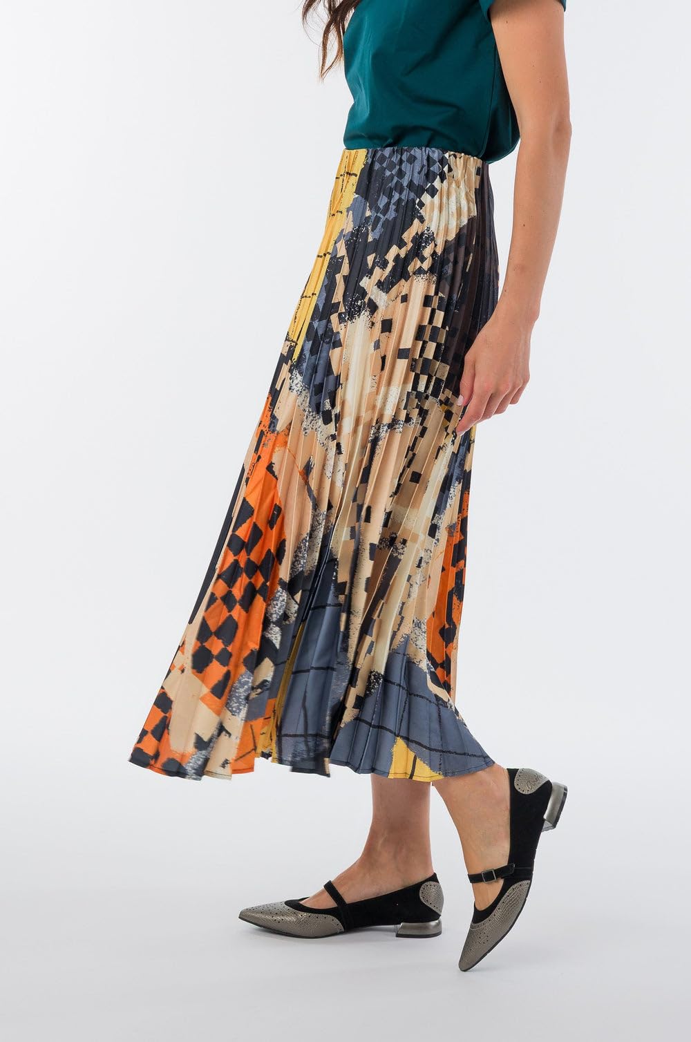 Gonna Plissettata con Fantasia Astratta Multicolore