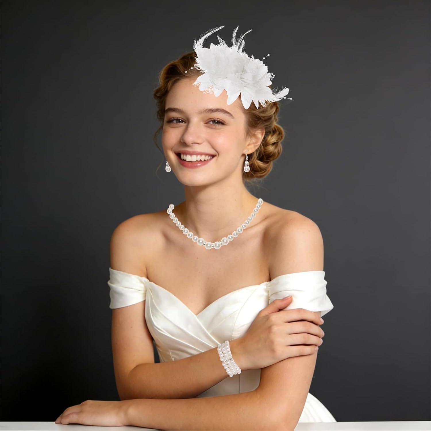 Heliltd Vintage Tea Party Fascinator for Women, Pearl Necklace Bracelet Bangle Earrings Gloves Fascinator Headband for Church - Image 2