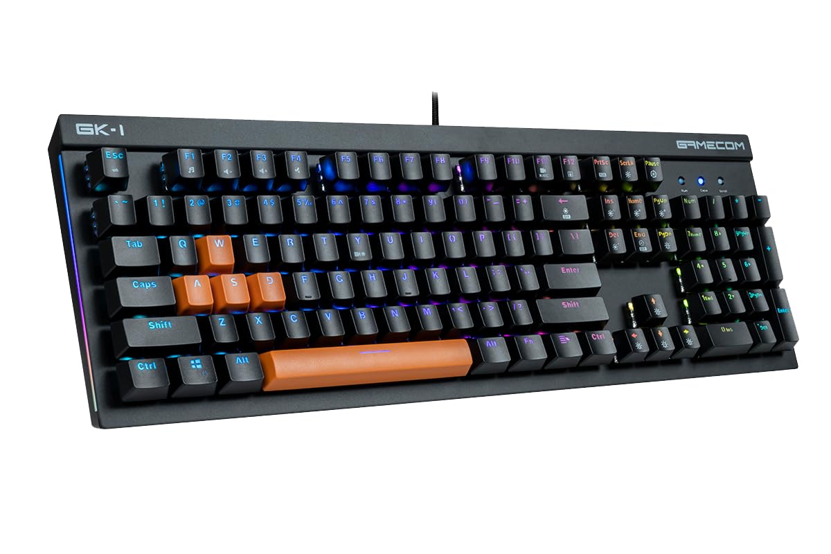 GameCom GK-1 Mechanical Gaming Keyboard – Customizable RGB Lighting – Individually Backlit Keys – Optical Kailh Blue Clicky Switches - Black/Atomic Orange