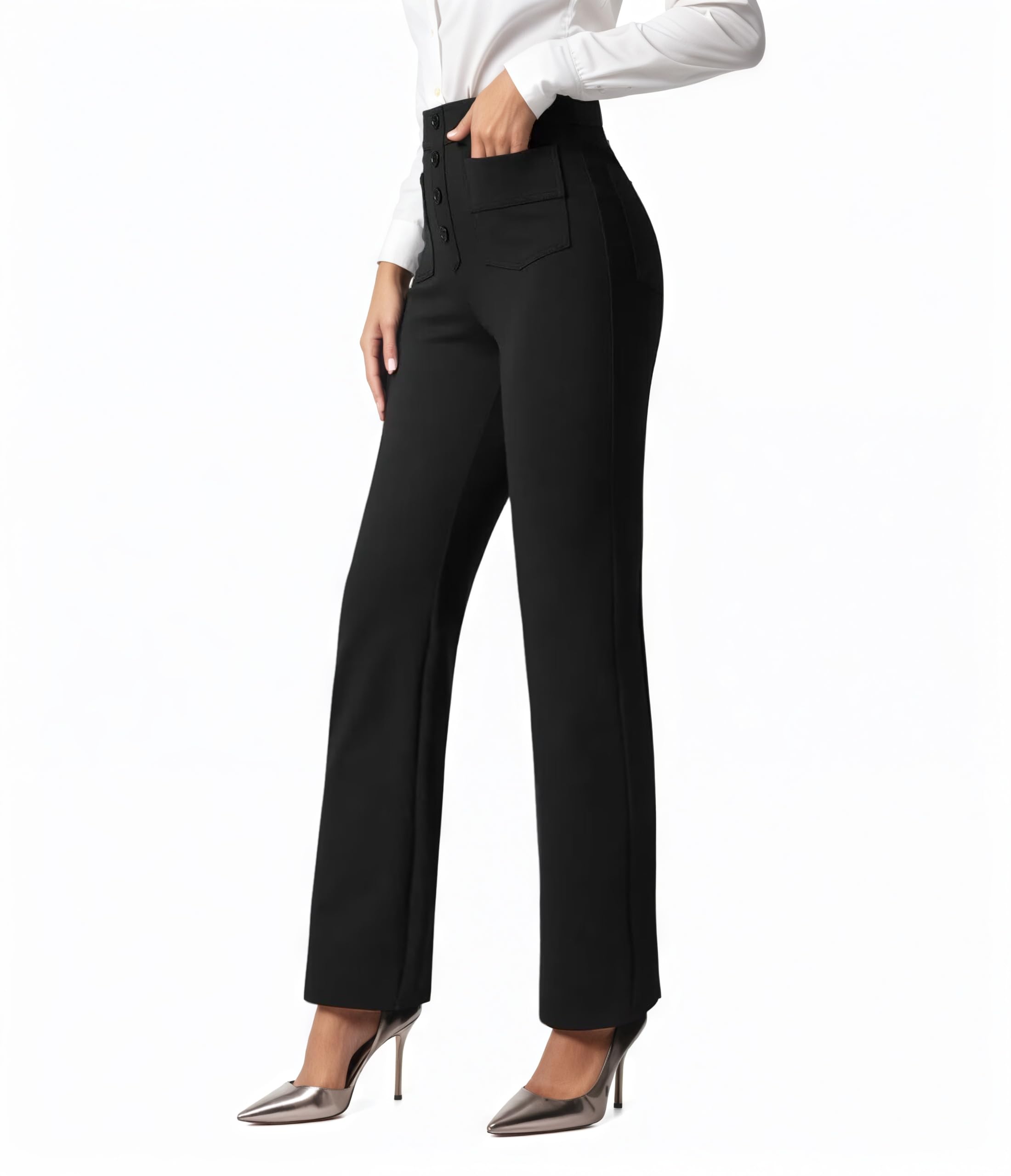 keriffe Womens Straight Leg Dress Pants with Pockets High Waist Business Casual Work Pants Pull On Office Slacks