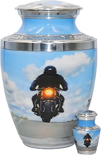Motorcycling Into Heaven Motorcycle Cremation Urn with Keepsake and Velvet Bags and Custom Engraving, Motorcyclist Funeral Urn (Large)