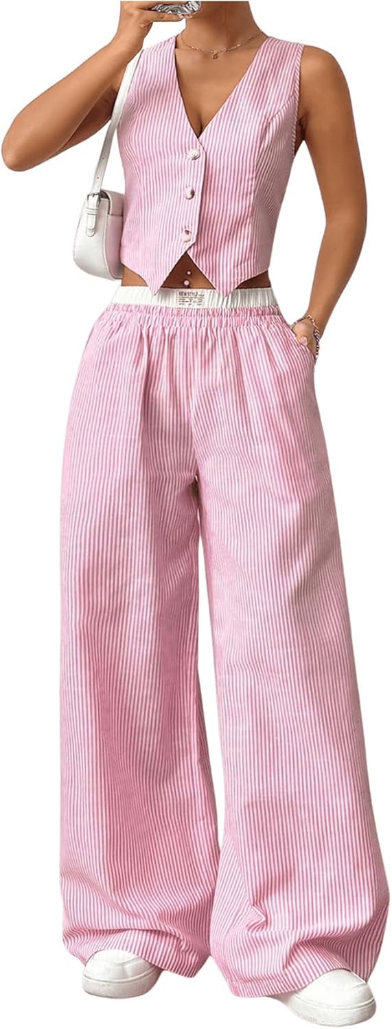 Milumia Women's 2 Pcs Outfits Striped V Neck Button Blazer Vest Pants Tracksuit