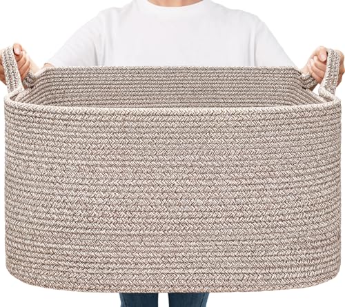 Goodpick Large Woven Storage Basket, 21.6" x 14.9" x 11.8" Blanket Basket for Living Room, Bedroom, Rectangle Rope Storage Organizer for Clothes, Toys, Brown