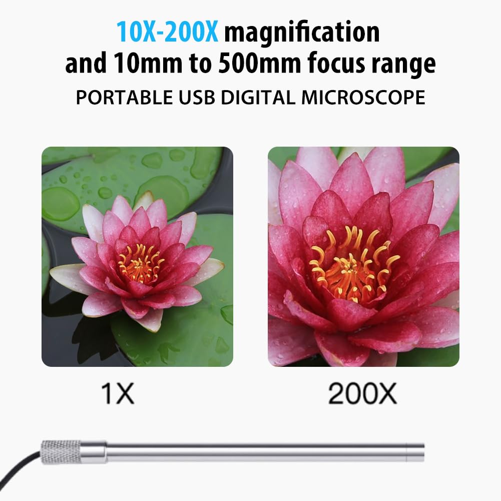Microscopio Digitale USB, Fotocamera con Ingrandimento 200X con Supporto, Microscopio Portatile 2 Megapixel, Microscopio Elettronico con 8 Luci LED, Strumento di Osservazione