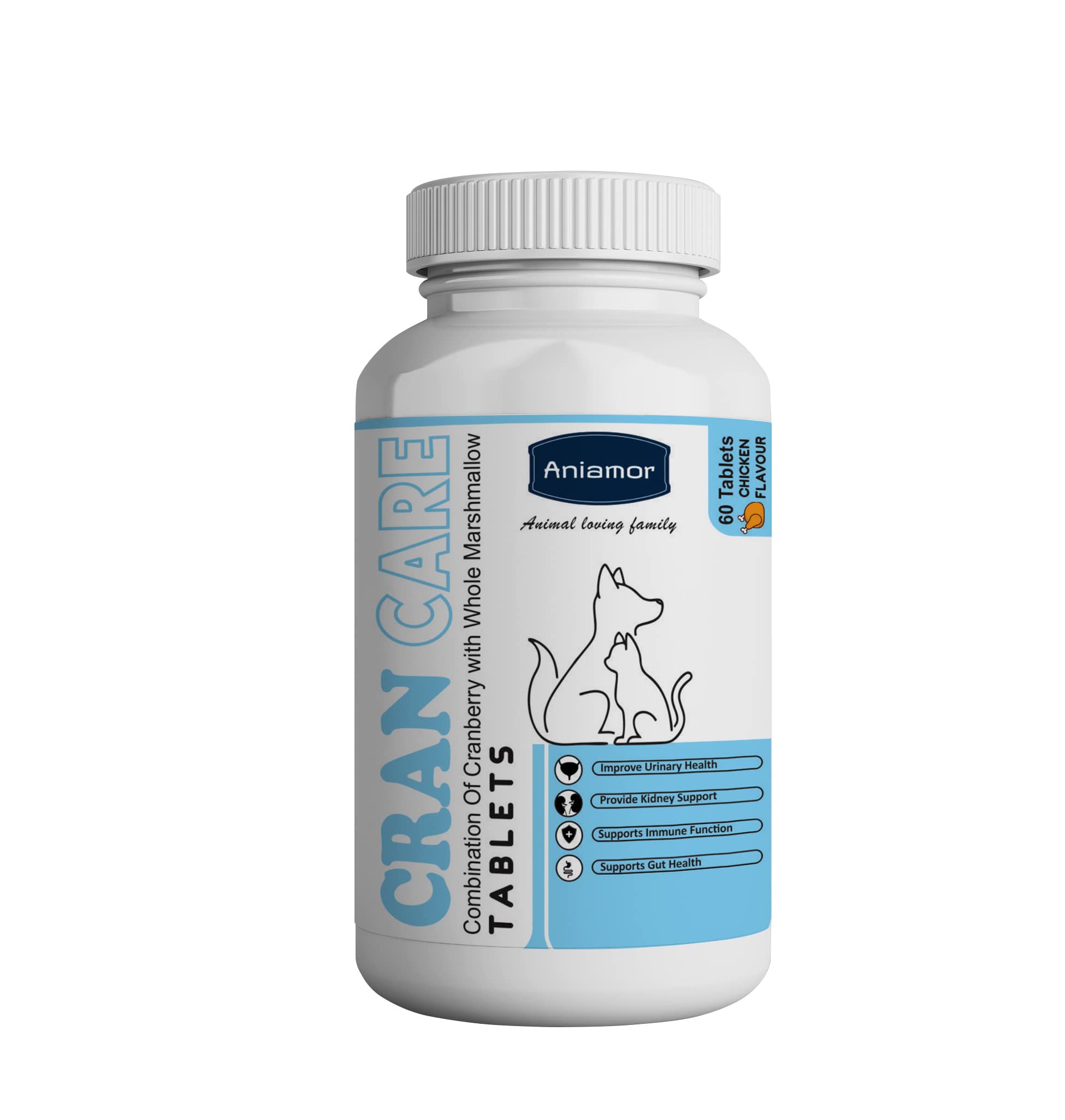 Aniamor Cran CareTablets for Dogs and Cats | |Cran Care| Promotes Urinary Tract Health | Dogs and Cats Supplement | for All Life Stages | Chicken Flavour | 60 Tablets