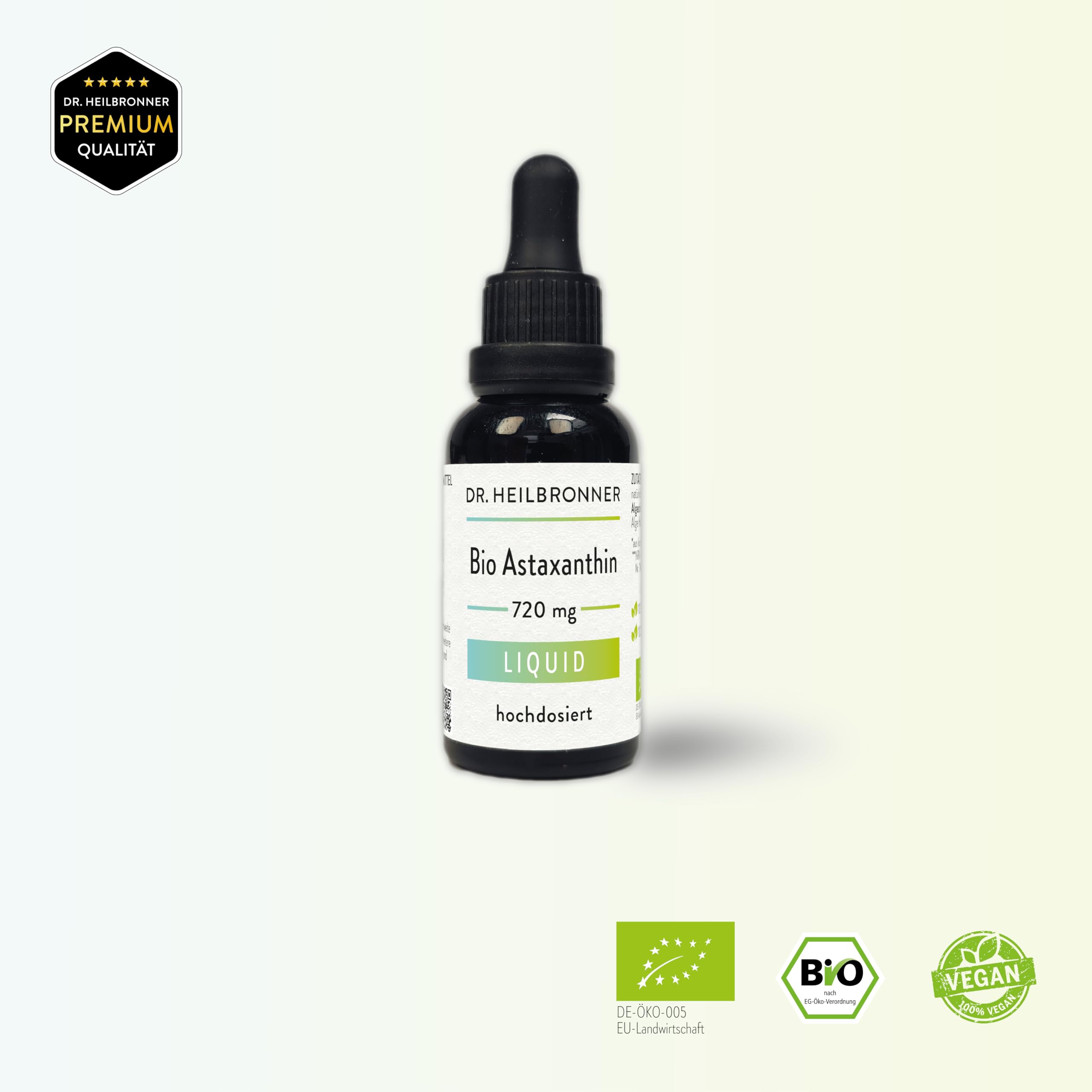 BIO Astaxanthin Tropfen - Hochdosiert - 30 ml = 720 Tropfen - 8 Tropfen = 8mg Astaxantin pro Tag = 90 Tage - Vegan - Liposomal - für Kinder - flüssig - liquid - bioverfügbar - Dr. Heilbronner