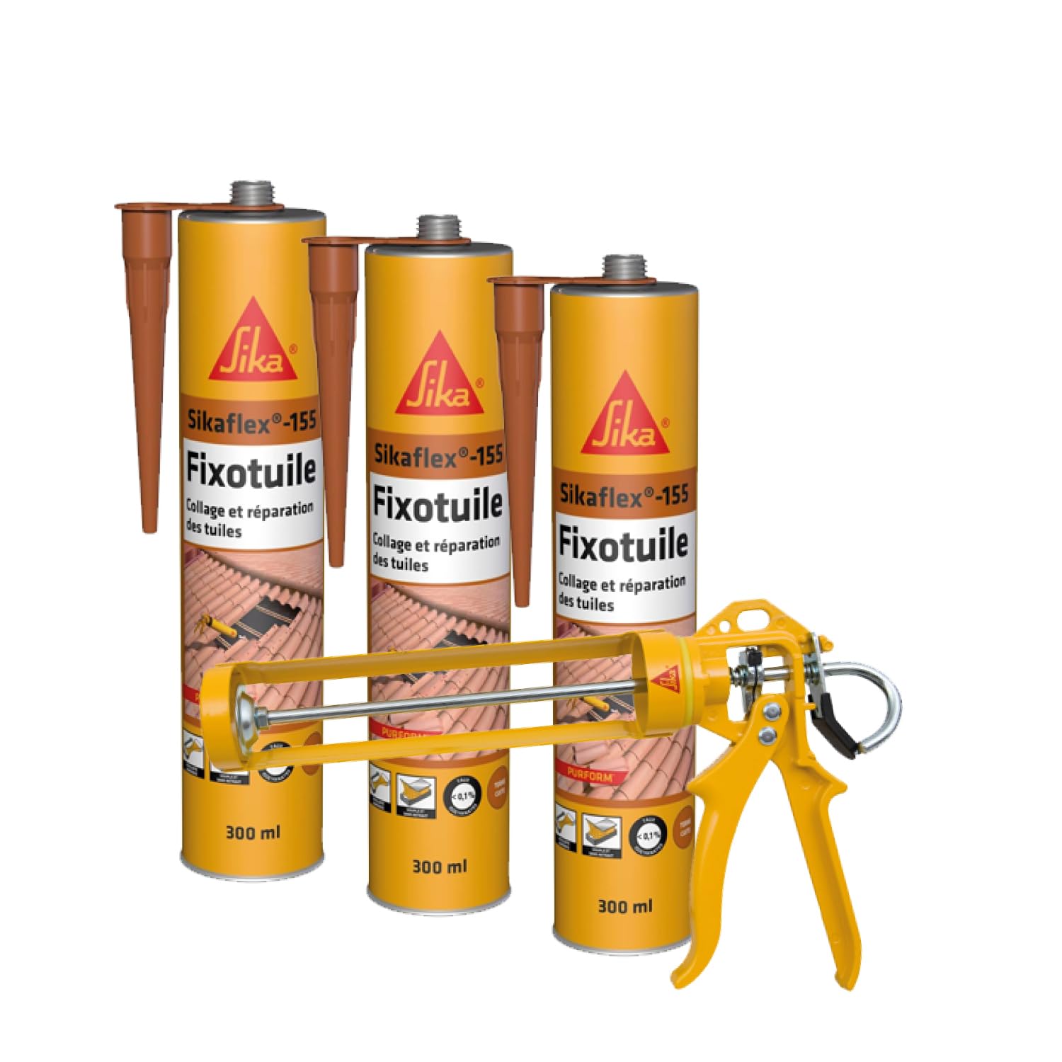 SIKA - Lot de 3x Mastic pour collage et réparation des tuiles - Mastic PU - Terre cuite - 300ml + Pistolet d'application