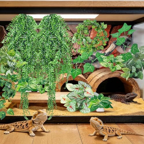 CousDUoBe 12 PCS Reptile Plants Set, Reptile Corner Branch Bearded Dragon Tank Accessories Leopard Gecko Tank Accessories,Terrarium Decorations with Suction Cup