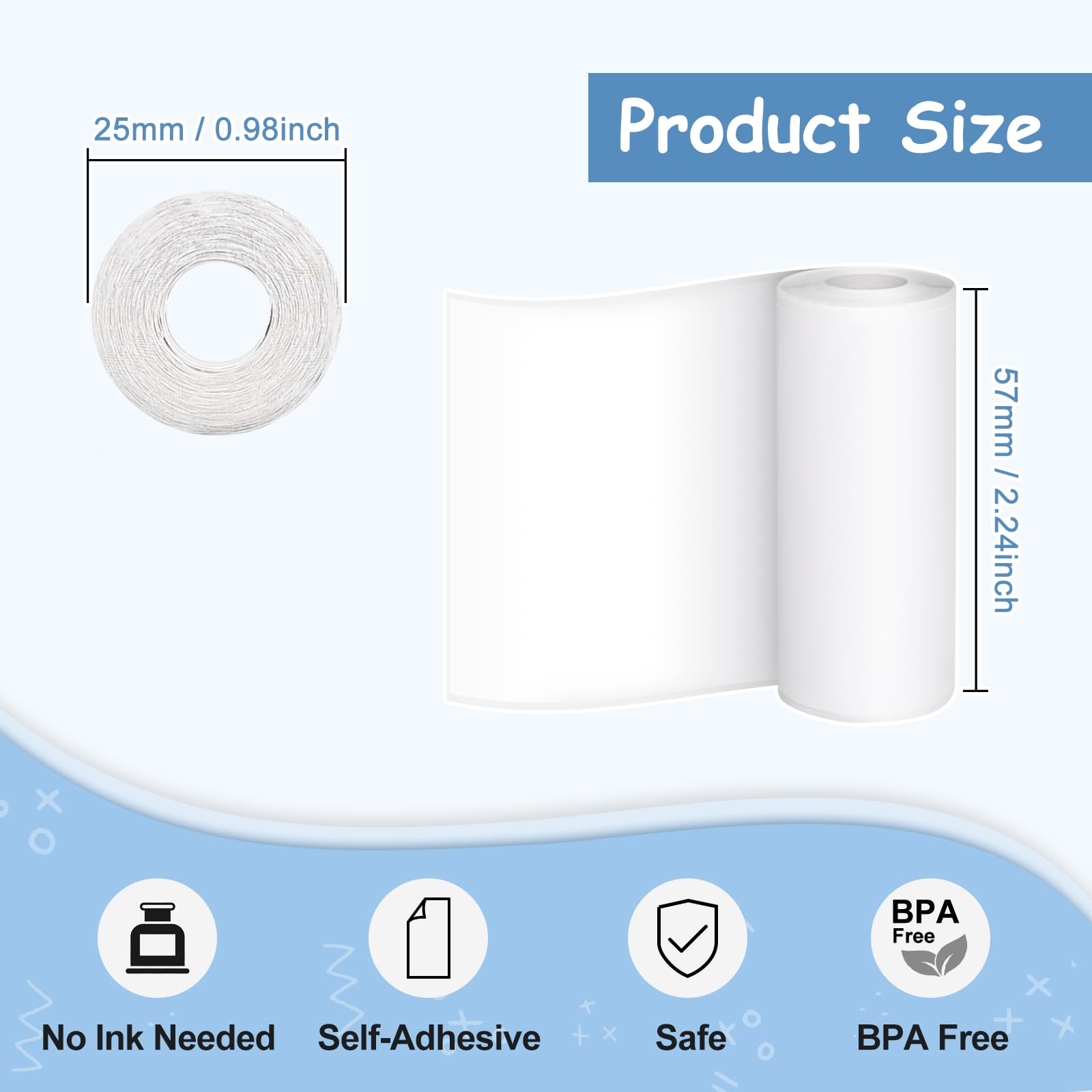 Thermorollen 57 x 25 mm, 10 rollen zelfklevend printpapier voor kinderen, instant camera's en mini-printers